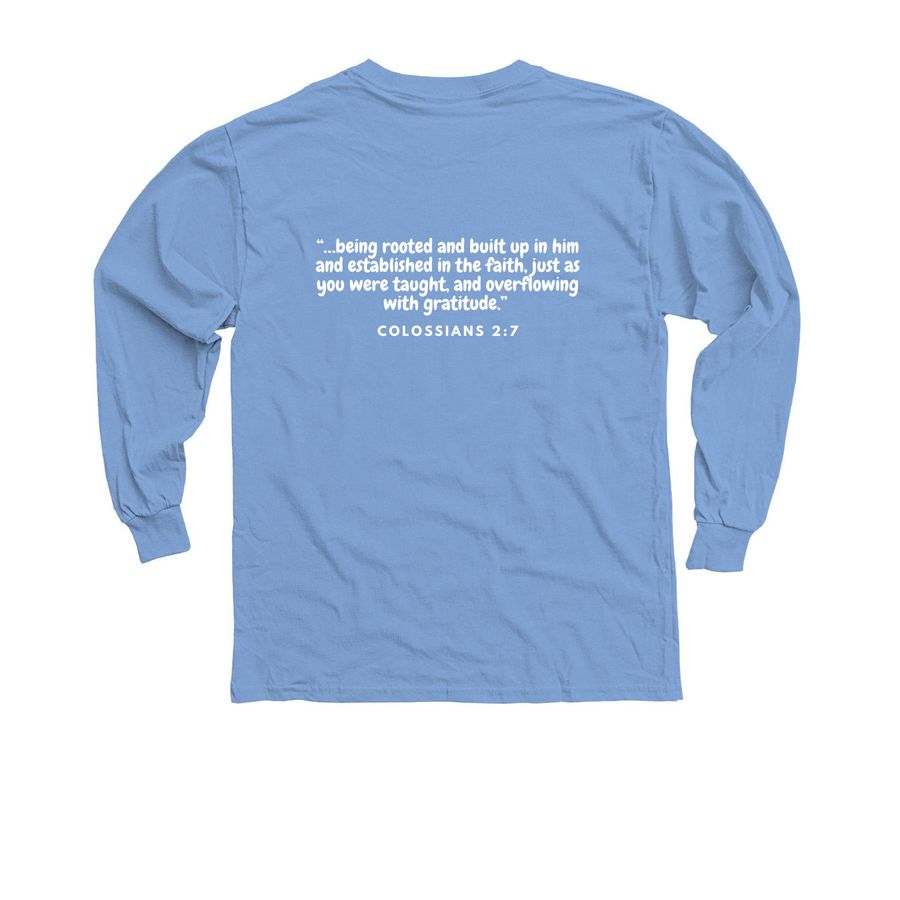 FBACC Logo with Scripture, a Carolina Blue Youth Long Sleeve Tee (back-view)