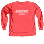 FBACC Logo with Scripture, a Neon Red Orange Comfort Colors Long Sleeve Tee (back-view)