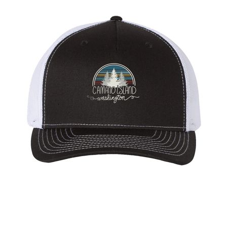 Camano Island Trucker Hat, a Black/ White Printed Five-Panel Trucker Cap