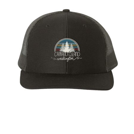 Camano Island Trucker Hat, a Black Printed Snapback Trucker Cap