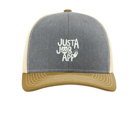 Hire Me Plz Hat (Light Logo), a Heather Grey/ Birch/ Amber Gold Printed Snapback Trucker Cap