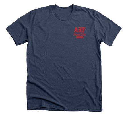 AHF Social Club Front & Back Print&nbsp;, a Heather Navy Premium Unisex Tee (back-view)