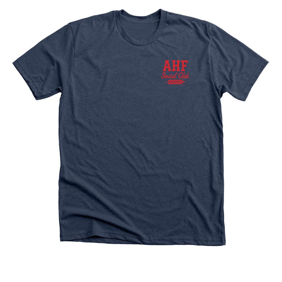 AHF Social Club Front & Back Print&nbsp;, a Heather Navy Premium Unisex Tee