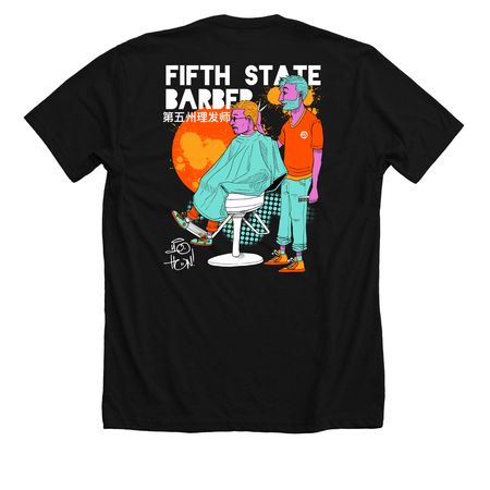 Fifth State Barber Poster Tee, a Solid Black Blend Premium Unisex Tee (back-view)