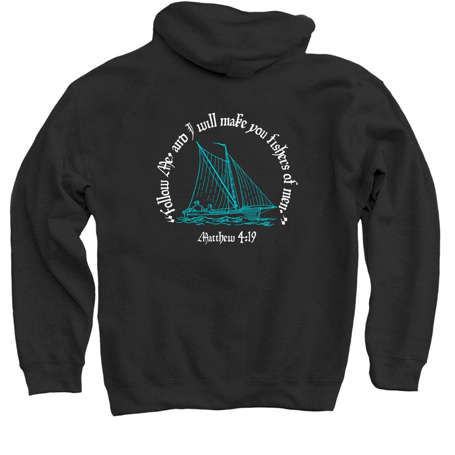 "fishers of men" two-tone tee/crew/hoodie, a Black Pullover Hoodie (back-view)