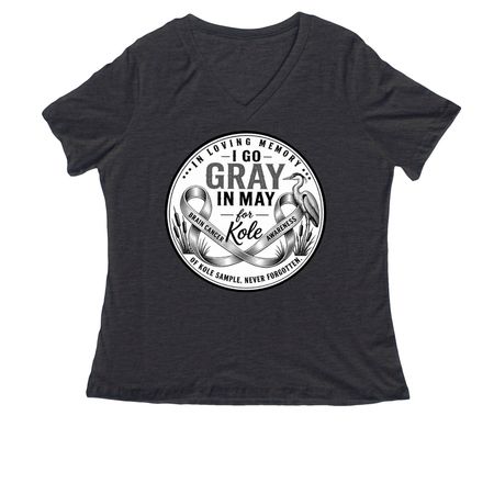 GO GRAY IN MAY, a Dark Grey Heather Women's Relaxed V-Neck Tee