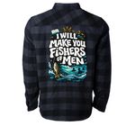 ANCHOR. ?Fishers of Men? Premium Vintage Tee, a Charcoal Heather/ Black Unisex Flannel Shirt (back-view)