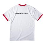 Mutual Aid Monday, a White/ Red Cotton Ringer Tee (back-view)