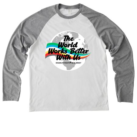 The World Works Better With Us, a Aluminum Grey/ Bright White Allmade Eco Triblend Colorblock Raglan Long Sleeve Tee