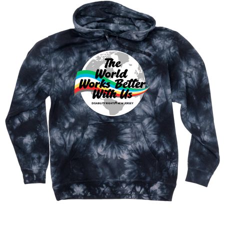 The World Works Better With Us, a Black Tie Dyed Pullover Hoodie