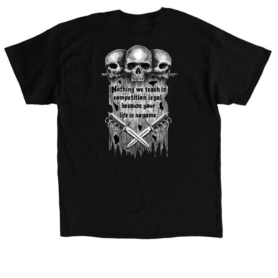 Personal Survival Tactics Gas Mask T-Shirt, a Black Classic Unisex Tee (back-view)