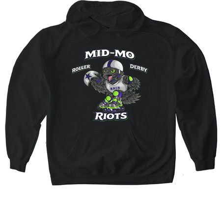 MID-MO ROLLER DERBY RIOTS., a Black Gildan Softstyle Pullover Hoodie