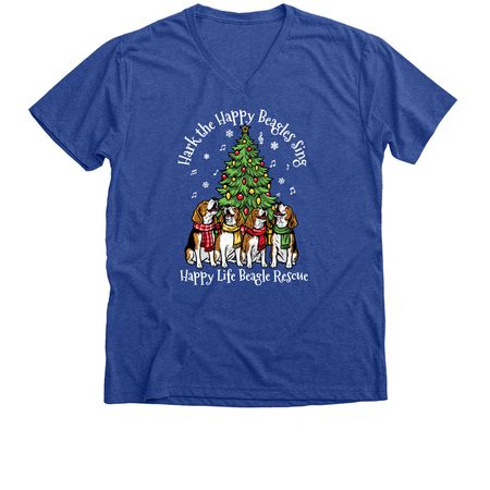Hark the Happy Beagles Sing, a Heather True Royal Premium V-Neck Tee