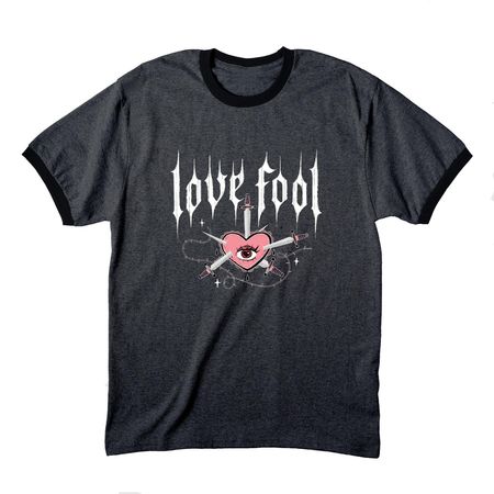 Love fool swords tee, a Dark Heather Grey/ Jet Black Cotton Ringer Tee