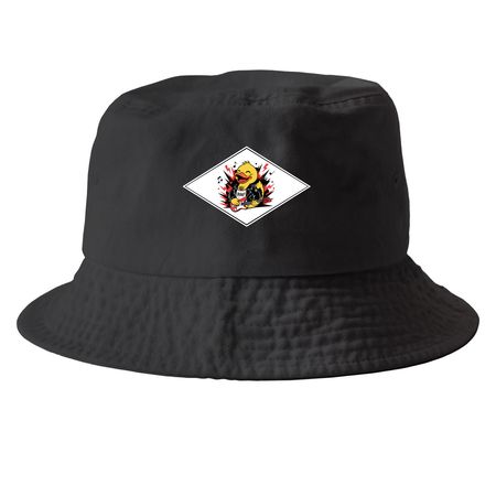 ROCKER DUCK CAPS, a Black Printed Bucket Hat