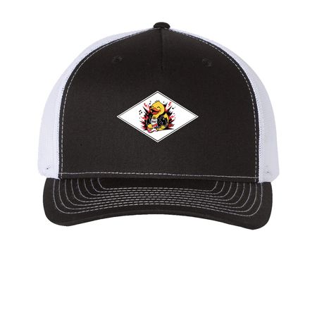 ROCKER DUCK CAPS, a Black/ White Printed Five-Panel Trucker Cap