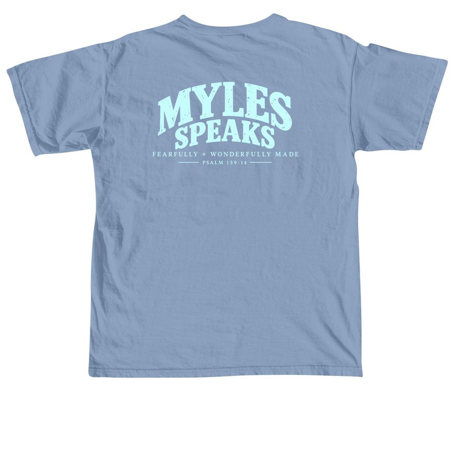 Myles Speaks 2026, a Washed Denim Comfort Colors Unisex Tee (back-view)