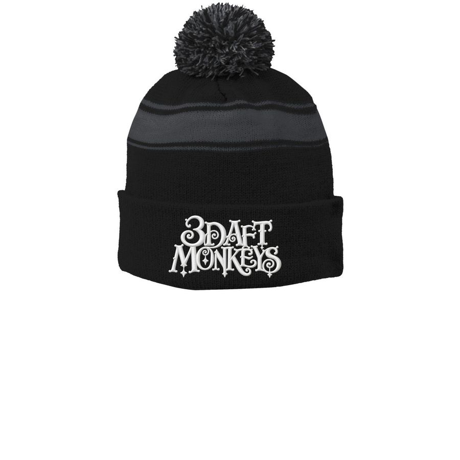 3 Daft Monkeys Tour Slouch Beanies, a Black/ Iron Grey Printed Stripe Pom-Pom Beanie