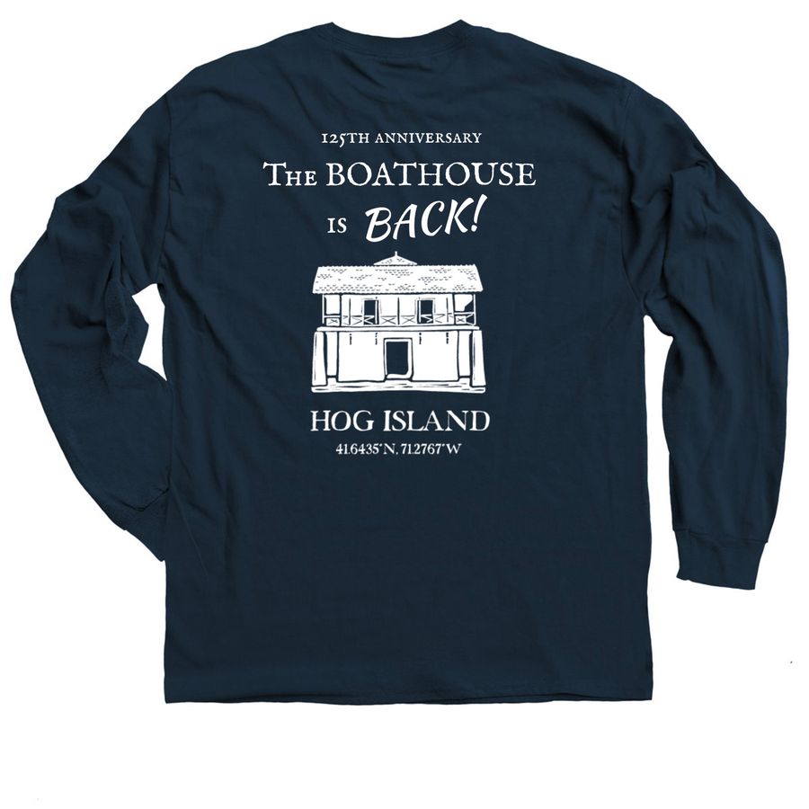 The Boathouse is BACK!&nbsp; (white logo), a Navy Classic Long Sleeve Tee (back-view)