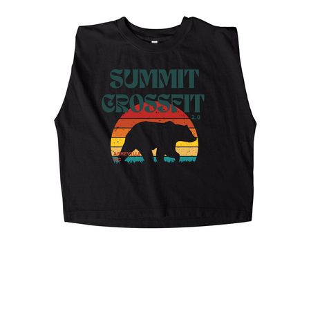 Retro Sunset Bear, a True Black Women's Heavyweight Garment Dye Muscle Tee