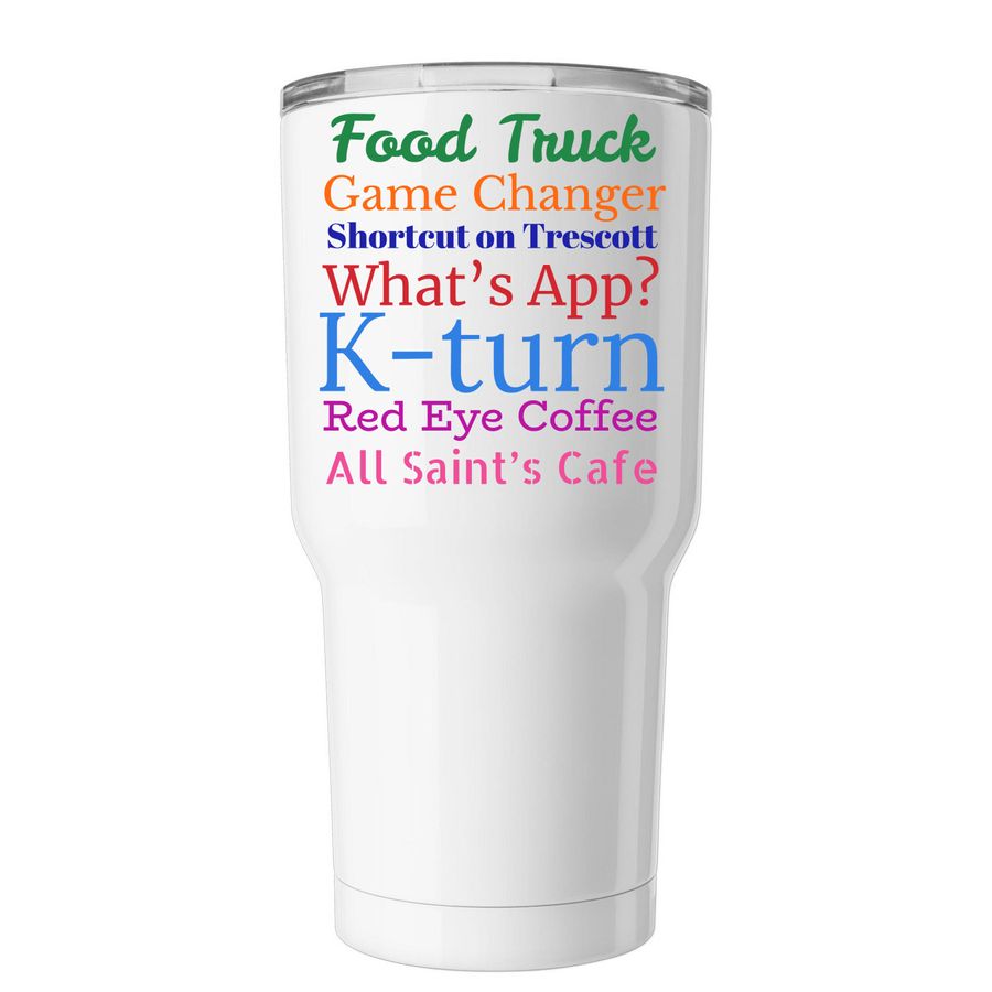 Food Truck Tumbler, a White Insulated Tumbler (back-view)