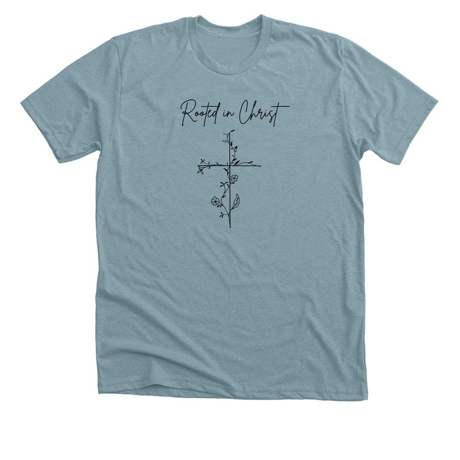 Rooted in Christ, a Heather Blue Lagoon Premium Unisex Tee