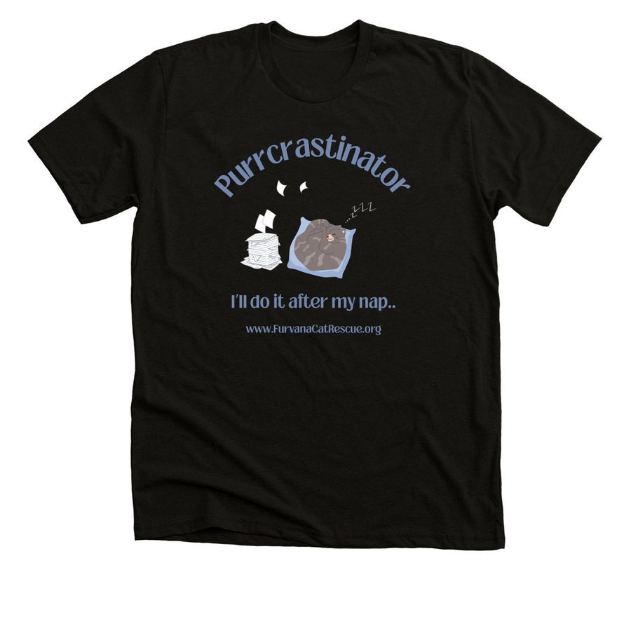 Purrcrastinator, a Solid Black Blend Premium Unisex Tee