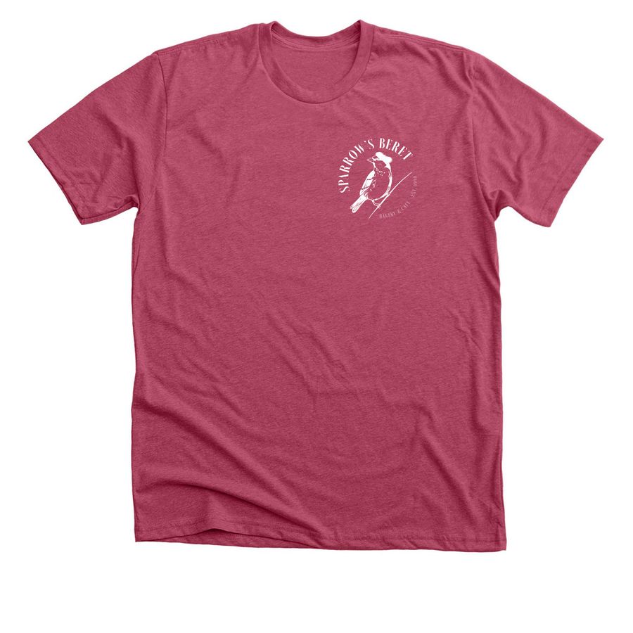 Sparrow's Beret T-Shirt, White Logo, a Heather Raspberry Premium Unisex Tee