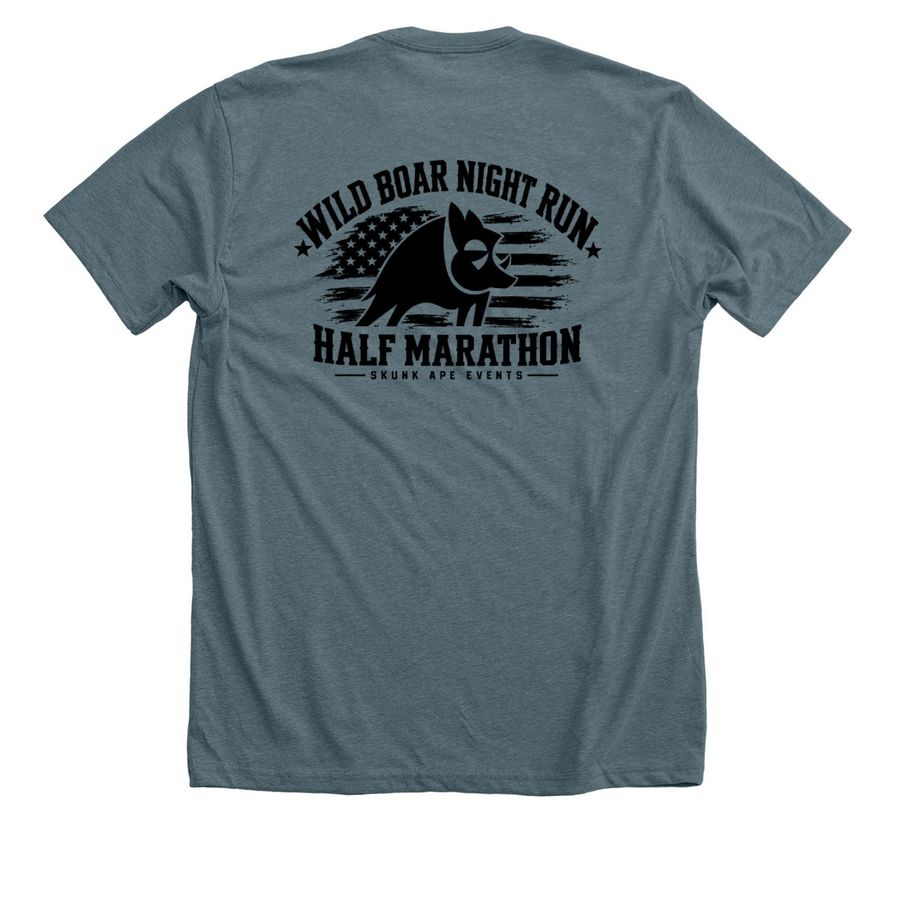 Wild Boar Night Run, a Heather Slate Premium Unisex Tee (back-view)