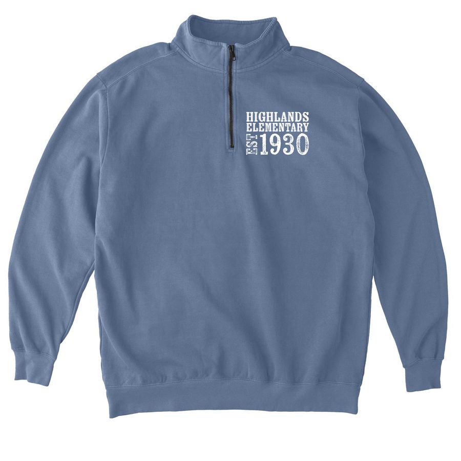 HES EST 1930, a Blue Jean Comfort Colors Quarter Zip Pullover