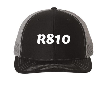 R810 Hat, a Black/ Charcoal Printed Snapback Trucker Cap