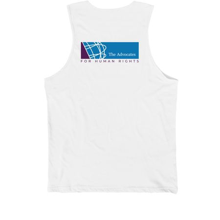 Defend Human Rights, Pride Edition, a White Premium Cotton Tank (back-view)