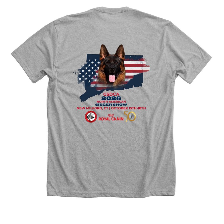 2026 GSDCA SIEGER SHOW, a Athletic Heather Premium Unisex Tee (back-view)