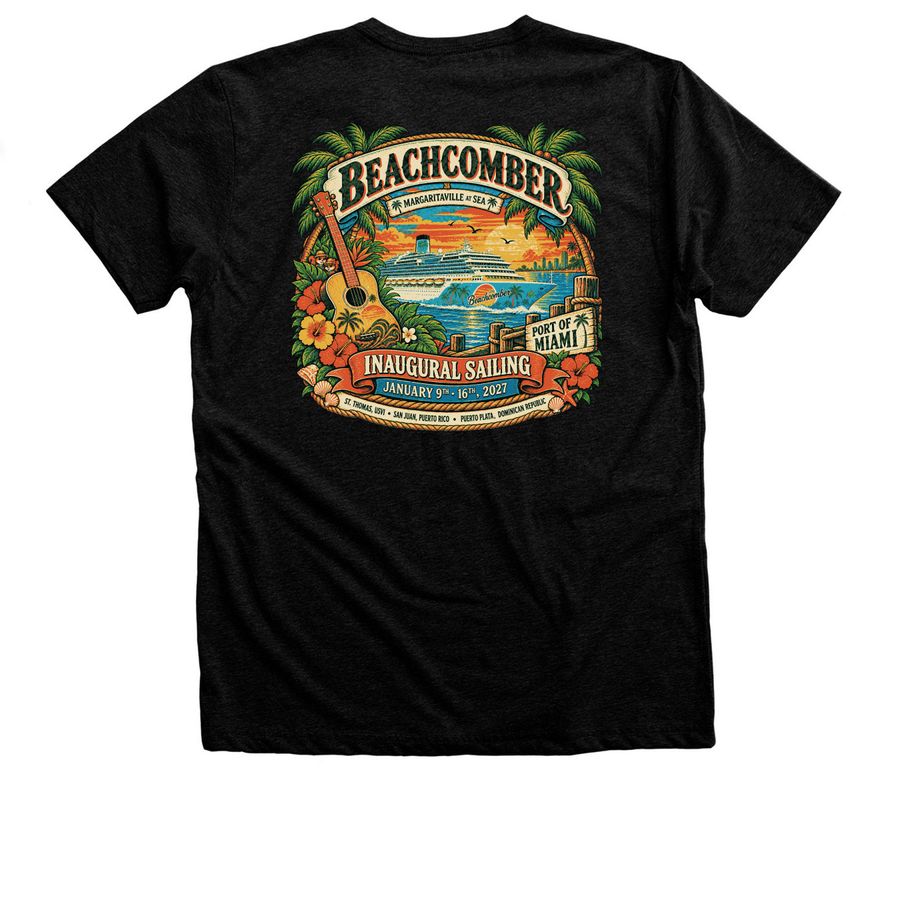 Beachcomber Inaugural Sailing 2027 ? Retro, a Black Heather Premium Unisex Tee (back-view)
