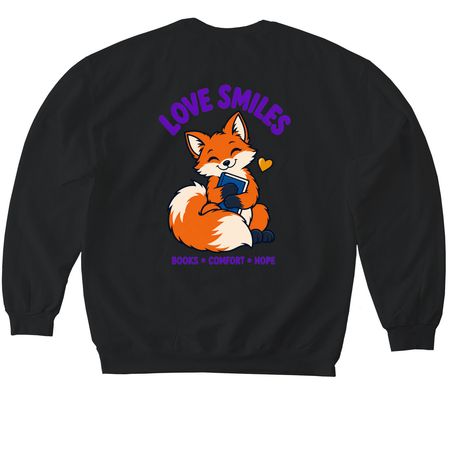 Love Smiles: Books, Comfort & Hope, a Black Softstyle Crewneck Sweatshirt (back-view)