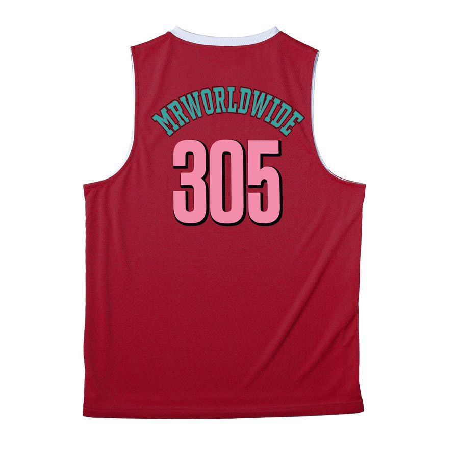 Pitbull Merch MR. Worldwide Graphic Shirt, a Deep Red/ White Reversible Basketball Jersey (back-view)