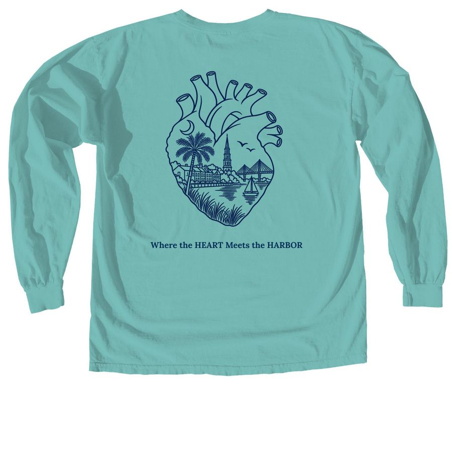 Where the Heart Meets the Harbor-Navy, a Chalky Mint Comfort Colors Long Sleeve Tee (back-view)