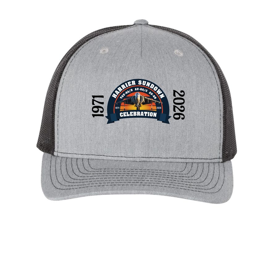 Official Harrier Sundown&nbsp;, a Heather Grey/ Black Printed Five-Panel Trucker Cap