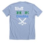 He double hockey sticks, a Heather Baby Blue Premium Unisex Tee (back-view)
