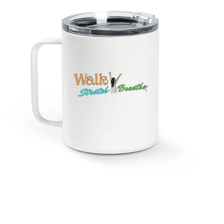 Walk Stretch Breathe, a White Stainless Steel Travel Mug (back-view)