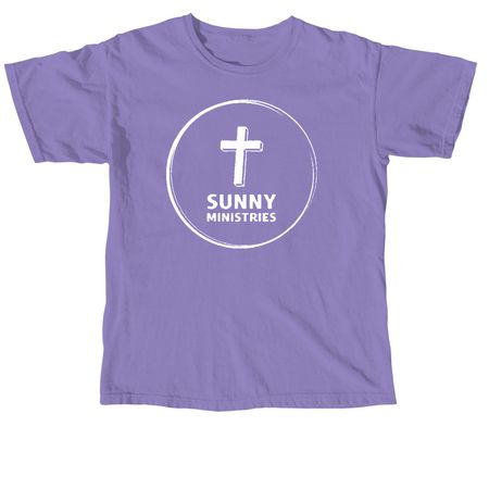 Sunny Ministries Logo- White, QR Code on Back, a Violet Comfort Colors Unisex Tee