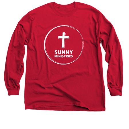 Sunny Ministries Logo- White, QR Code on Back, a Red Classic Long Sleeve Tee