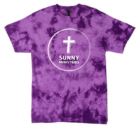 Sunny Ministries Logo- White, QR Code on Back, a Purple Crystal Tie Dye Tee