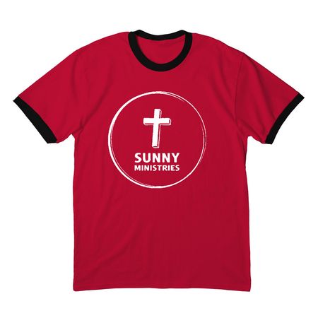 Sunny Ministries Logo- White, QR Code on Back, a Red/ Jet Black Cotton Ringer Tee