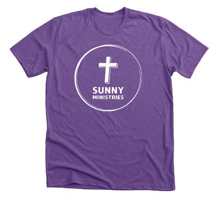 Sunny Ministries Logo- White, QR Code on Back, a Heather Team Purple Premium Unisex Tee