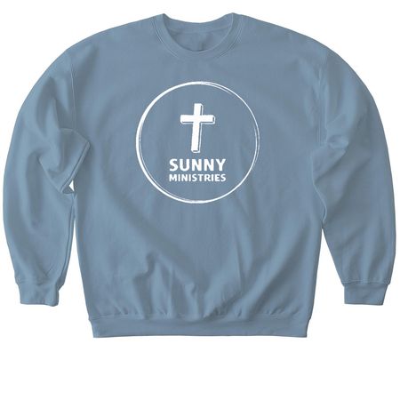 Sunny Ministries Logo- White, QR Code on Back, a Stone Blue Softstyle Crewneck Sweatshirt