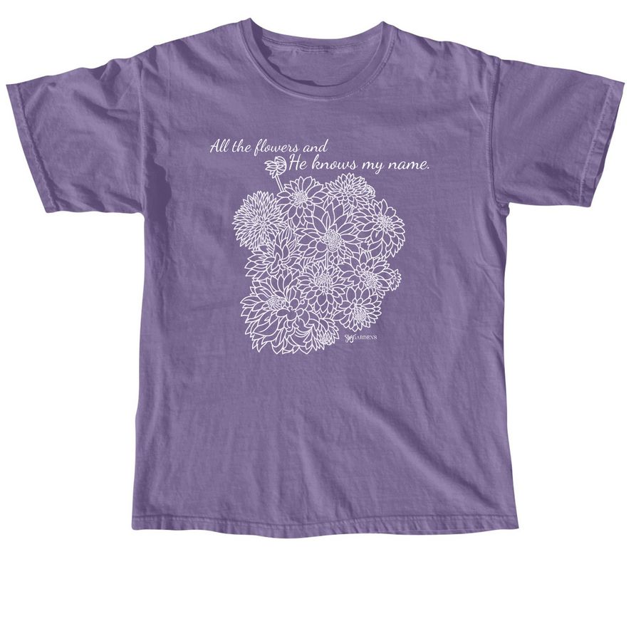 All the Flowers and He Knows My Name, a Grape Comfort Colors Unisex Tee