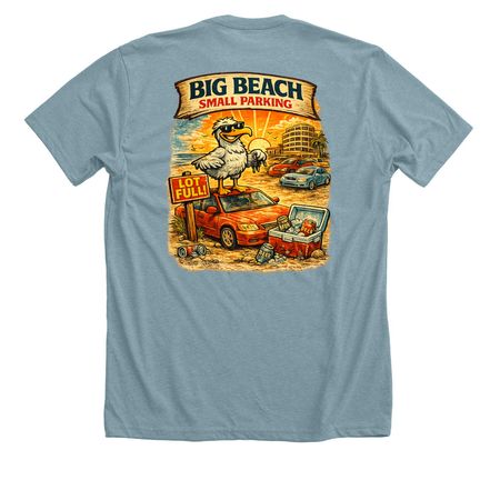 Big Beach Small Parking, a Heather Blue Lagoon Premium Unisex Tee
