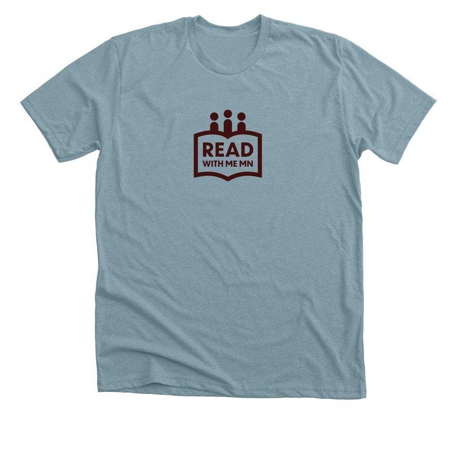 Read With Me MN Merch Brown Design, a Heather Blue Lagoon Premium Unisex Tee