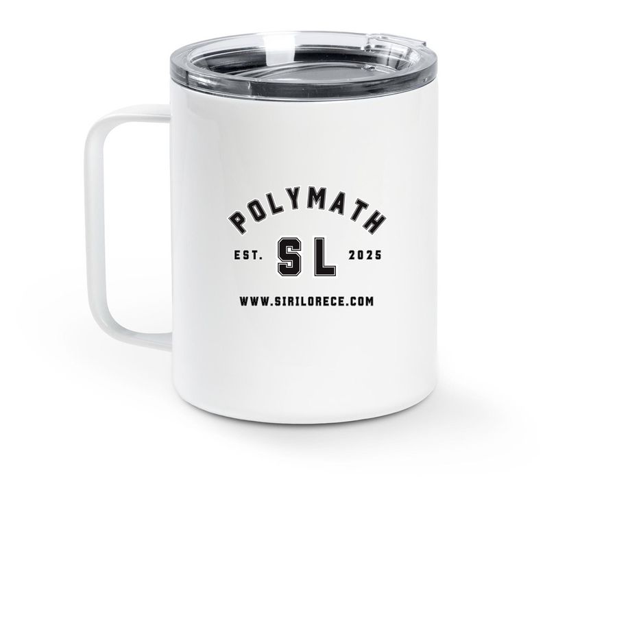 Polymath Stainless Steel Travel Mug, a White Stainless Steel Travel Mug (back-view)